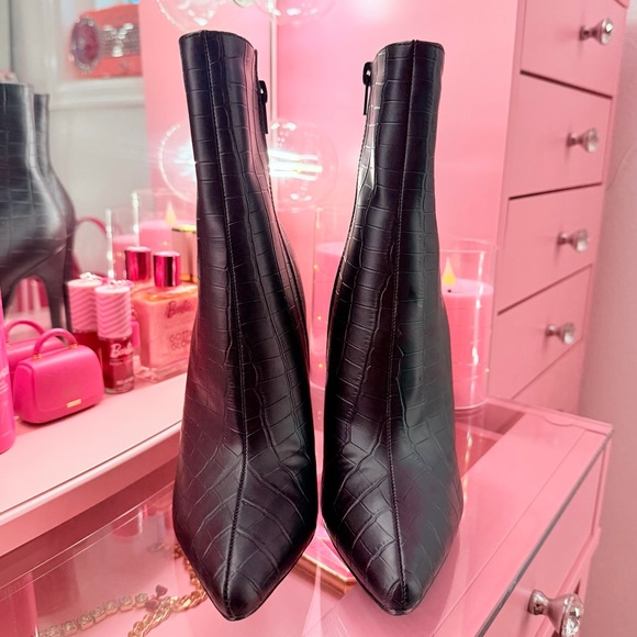 Black Croc-Embossed Stiletto Ankle Boots - Picture 3 of 5
